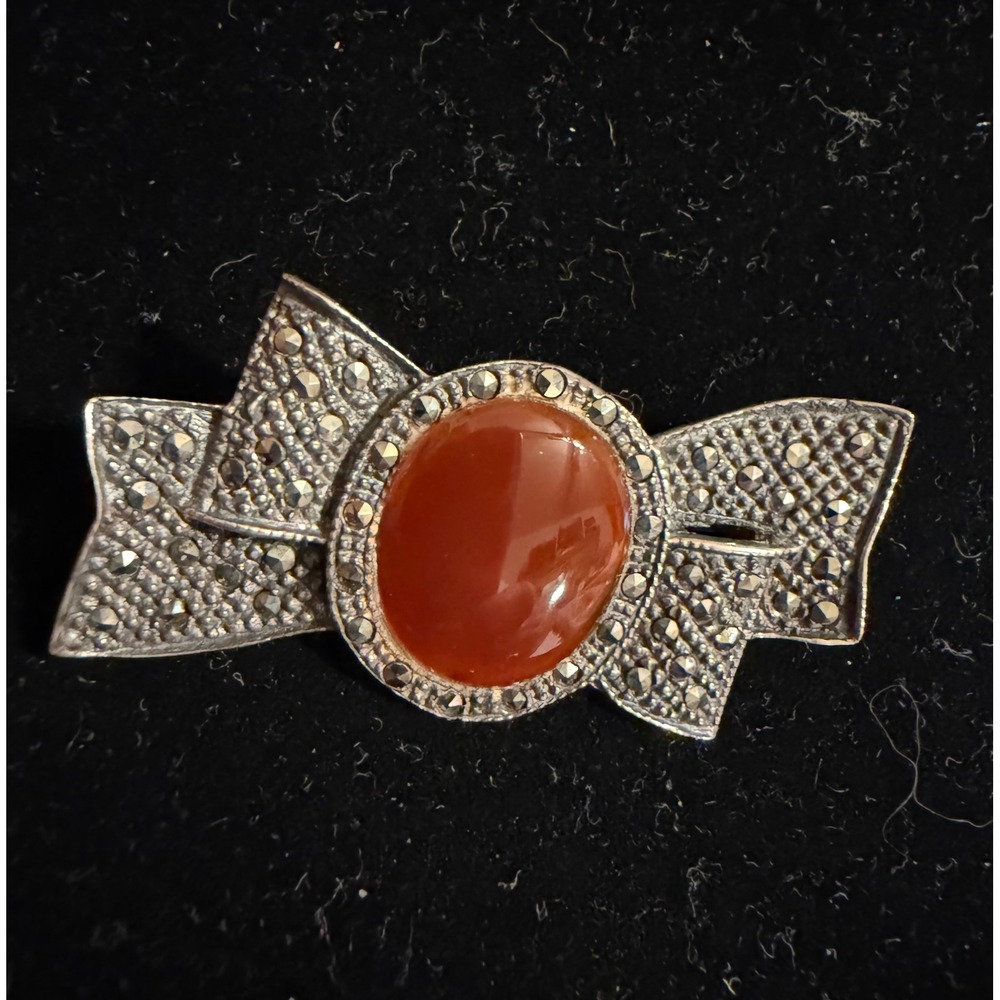Art Deco Style Sterling Silver Marcasite & Carnelian Bow Brooch